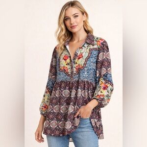 Umgee Multicolor Floral Patchwork Tunic Blouse